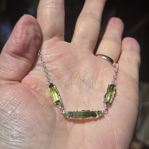 Turmulene & Onyx sterling & gold necklace 20" adjustable - Picture 3 of 8